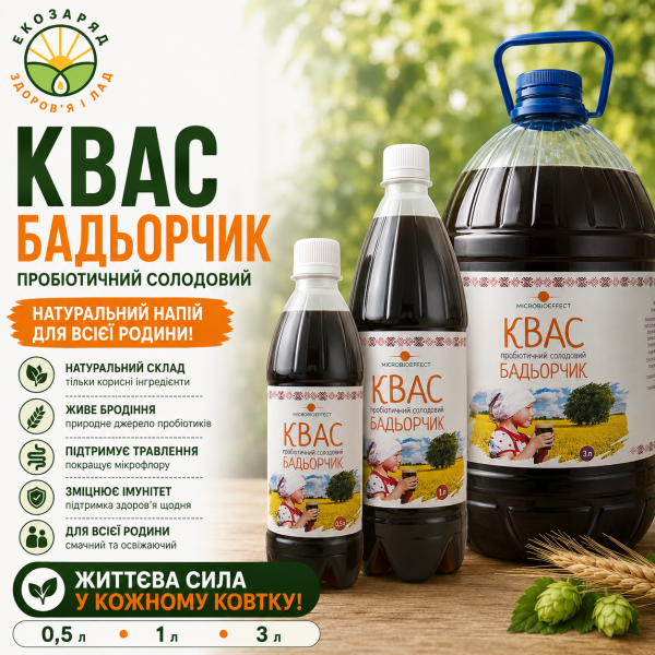 Квас пробіотичний солодовий Бадьорчик, 500 5000 мл ТМ Заря microbioeffect