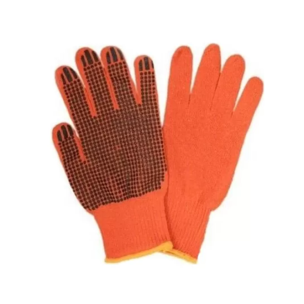 Рукавички трикотажні ХБ помаранчеві+чорна ПВХ крапка we2129h