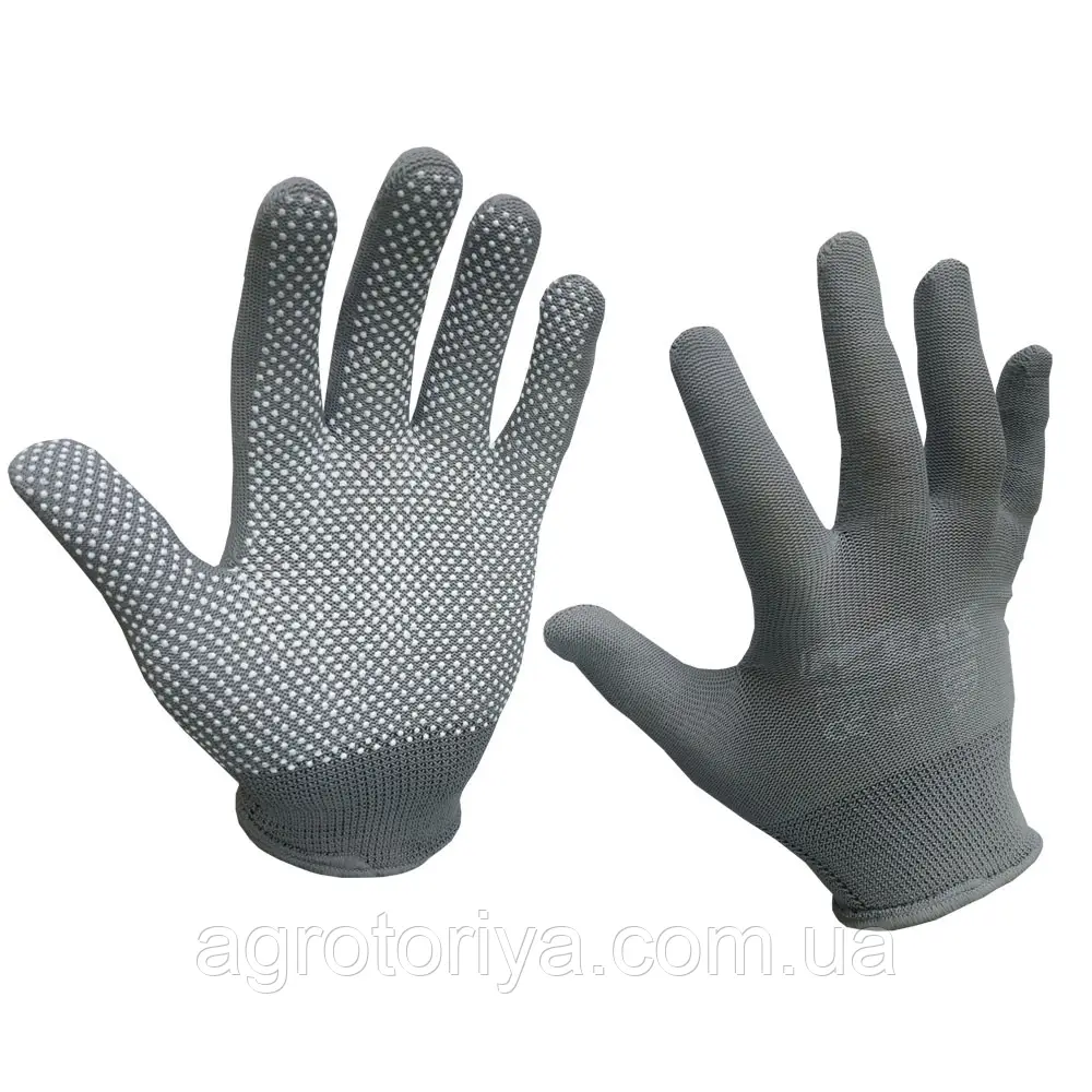 Рукавички трикотажні нейлонові сірі+біла крапка розмір 10 we2141 Рукавички трикотажні нейлонові сірі+біла крапка розмір 10 we2141